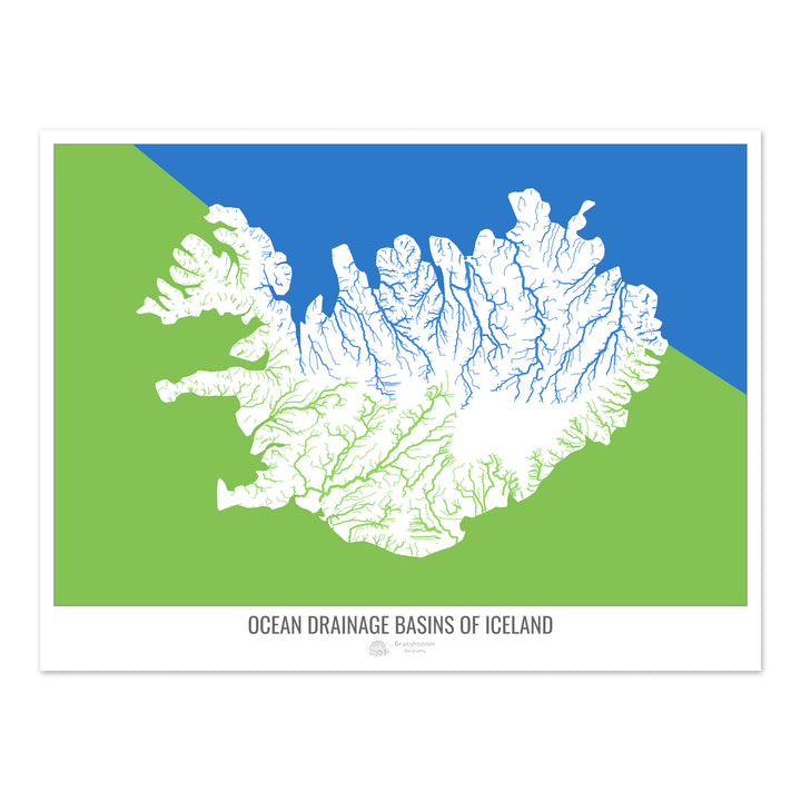 Islande - Carte des bassins hydrographiques océaniques, blanc v2 - Tirage photo artistique