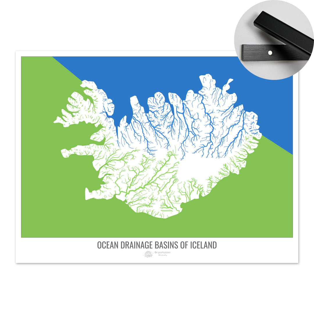 Islande - Carte des bassins hydrographiques océaniques, blanc v2 - Tirage d'art avec cintre