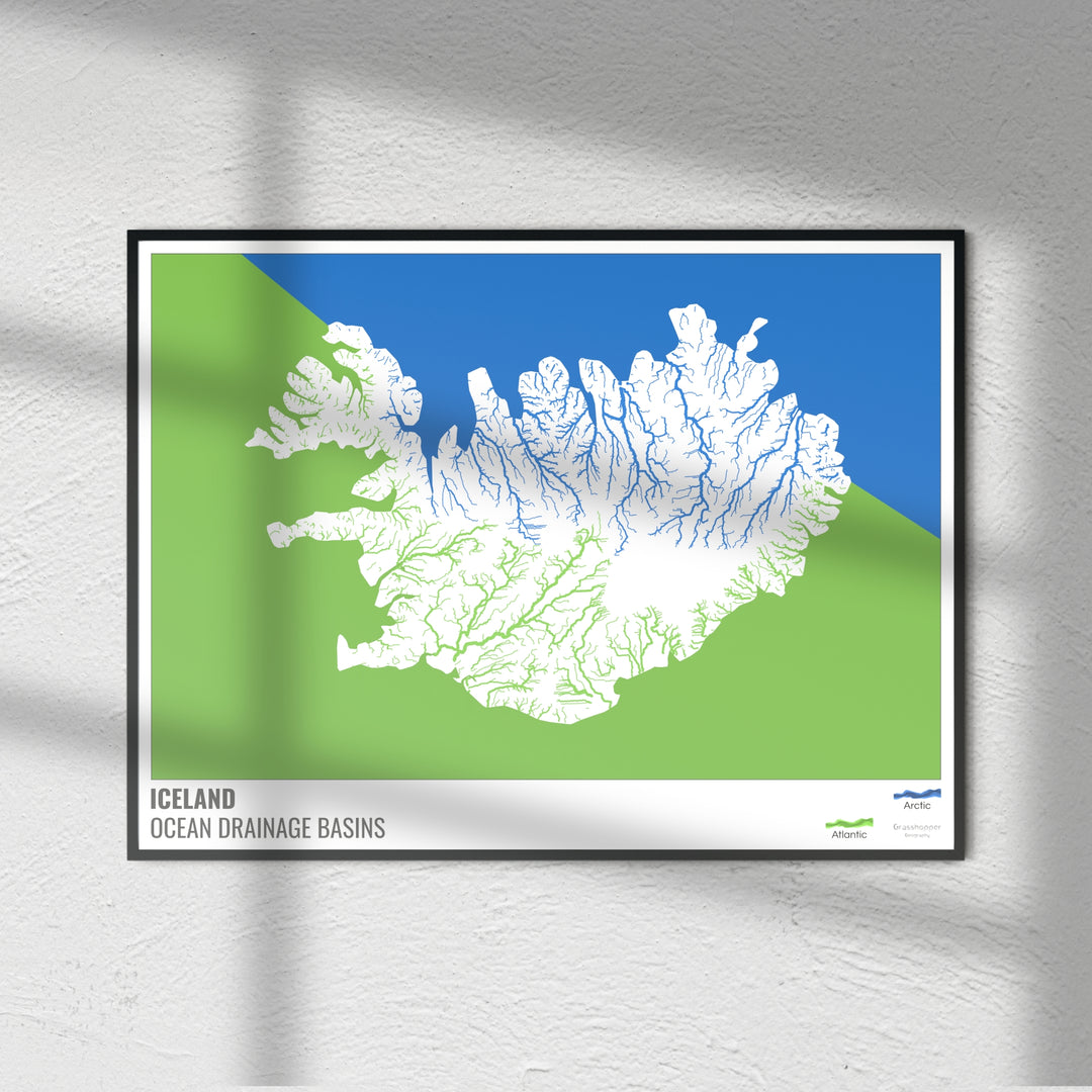 Islandia - Mapa de la cuenca hidrográfica del océano, blanco con leyenda v2 - Impresión de bellas artes
