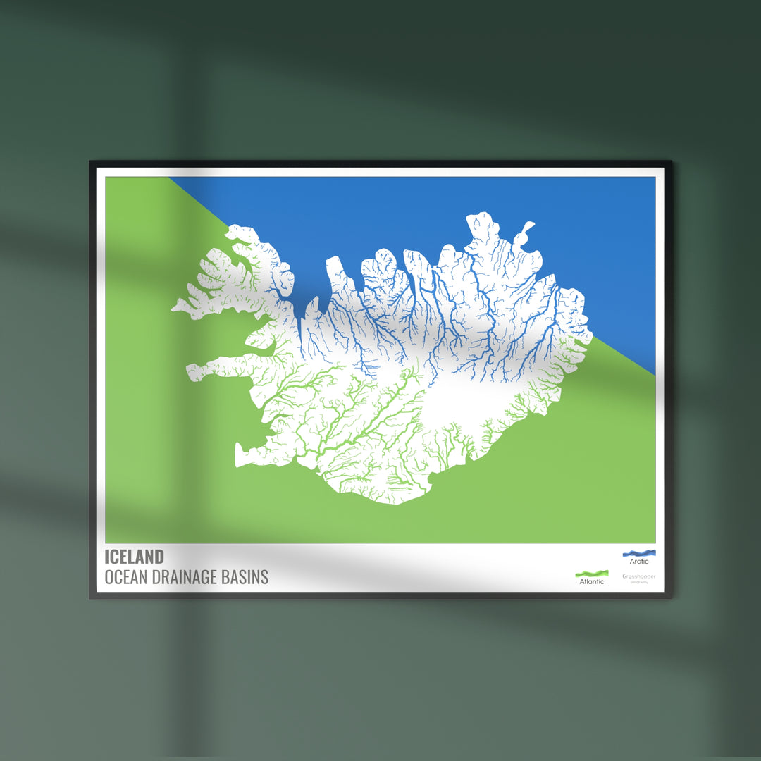 Iceland - Ocean drainage basin map, white with legend v2 - Photo Art Print