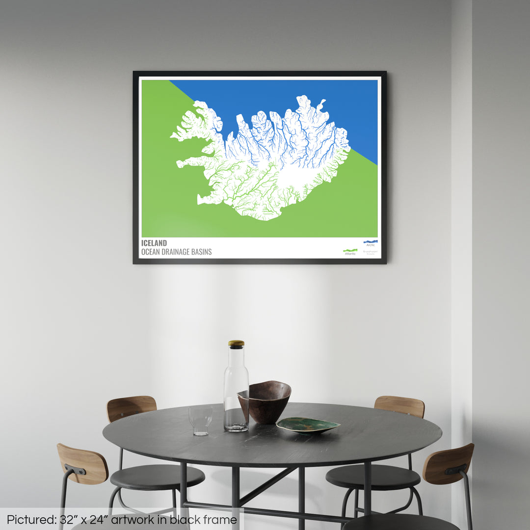Iceland - Ocean drainage basin map, white with legend v2 - Framed Print