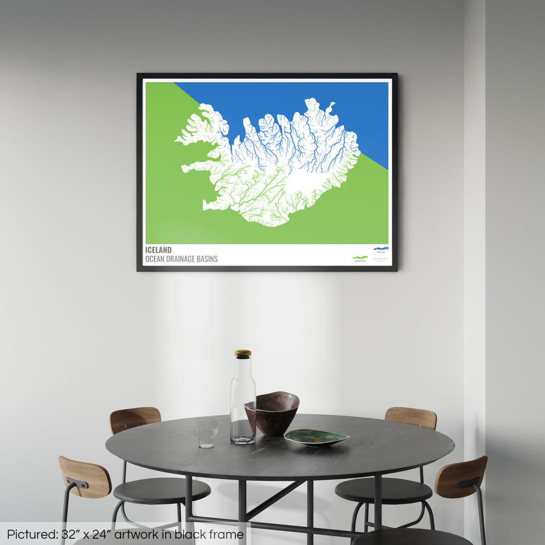 Islandia - Mapa de la cuenca hidrográfica del océano, blanco con leyenda v2 - Lámina enmarcada