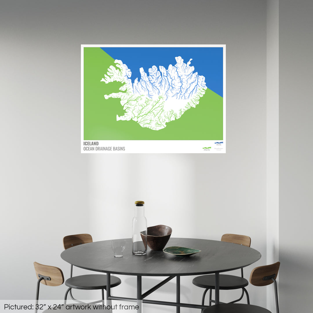 Iceland - Ocean drainage basin map, white with legend v2 - Photo Art Print