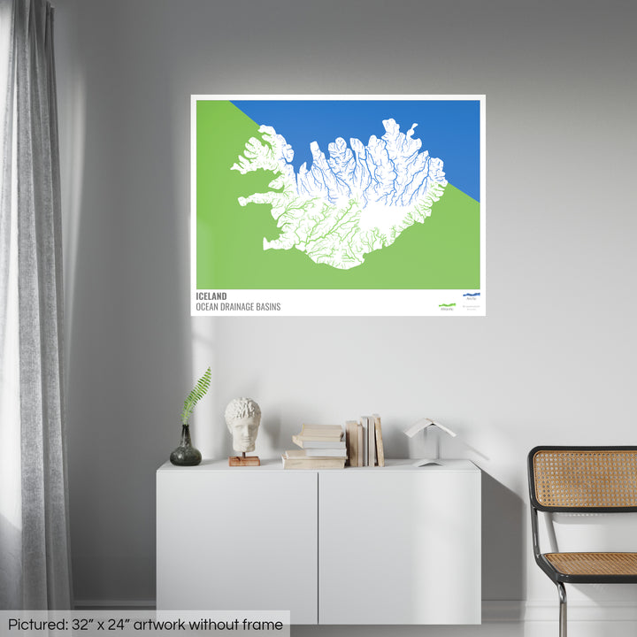 Islande - Carte des bassins hydrographiques océaniques, blanche avec légende v2 - Fine Art Print