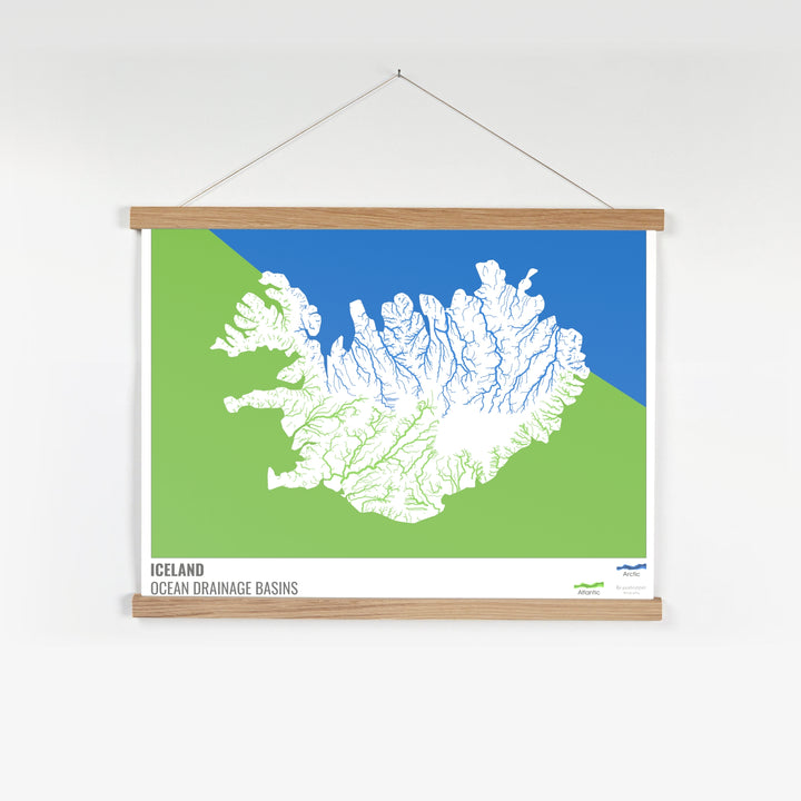 Islande - Carte des bassins versants océaniques, blanche avec légende v2 - Tirage d'art avec cintre
