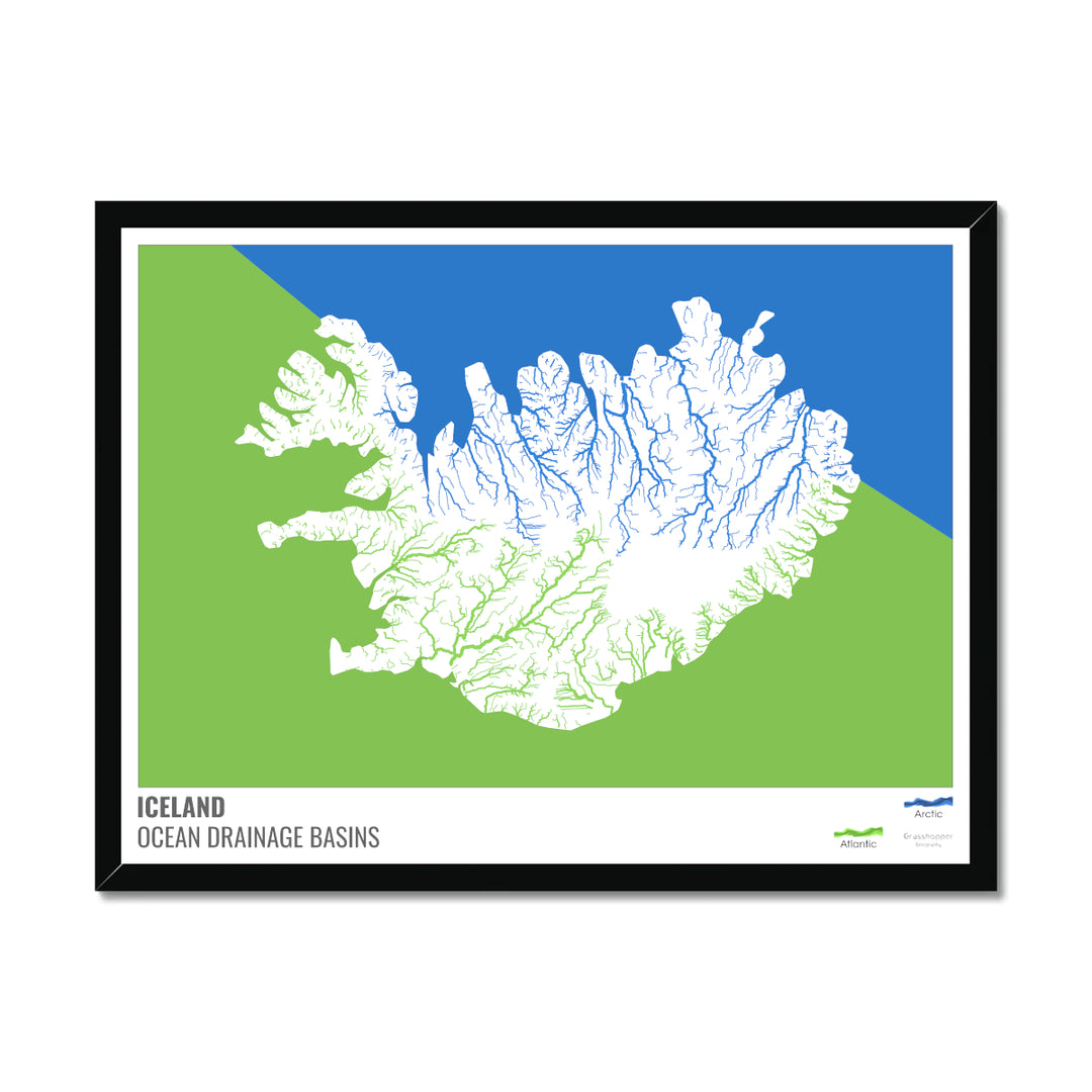 Islandia - Mapa de la cuenca hidrográfica del océano, blanco con leyenda v2 - Lámina enmarcada