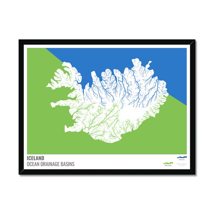 Iceland - Ocean drainage basin map, white with legend v2 - Framed Print