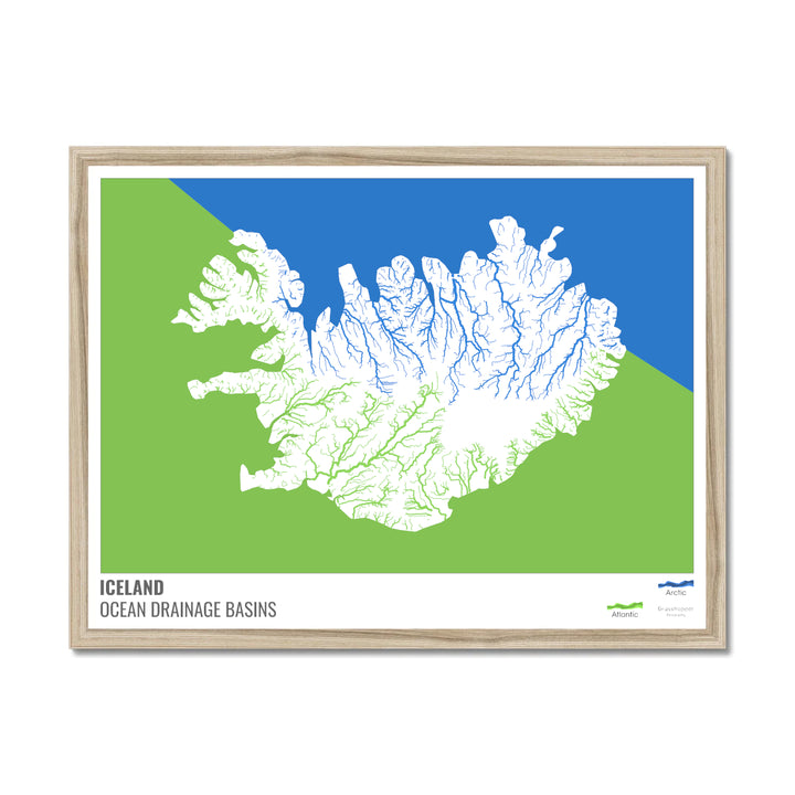 Iceland - Ocean drainage basin map, white with legend v2 - Framed Print