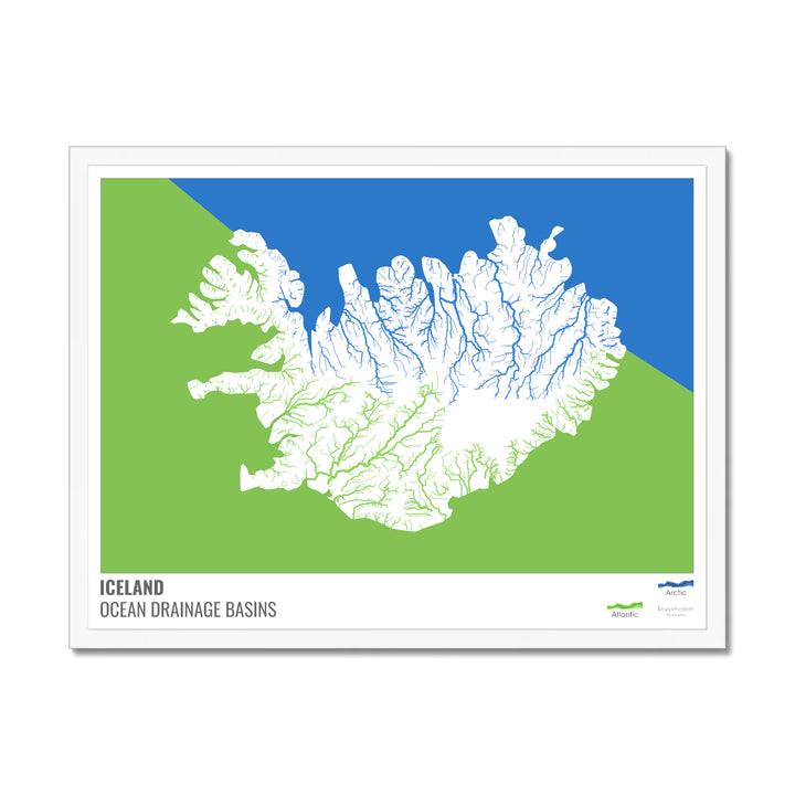 Islandia - Mapa de la cuenca hidrográfica del océano, blanco con leyenda v2 - Lámina enmarcada