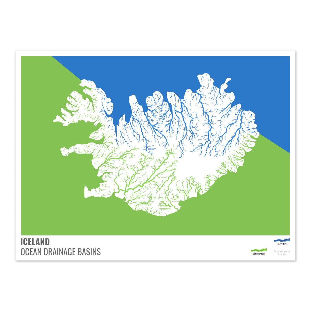 Islandia - Mapa de la cuenca hidrográfica del océano, blanco con leyenda v2 - Impresión de bellas artes