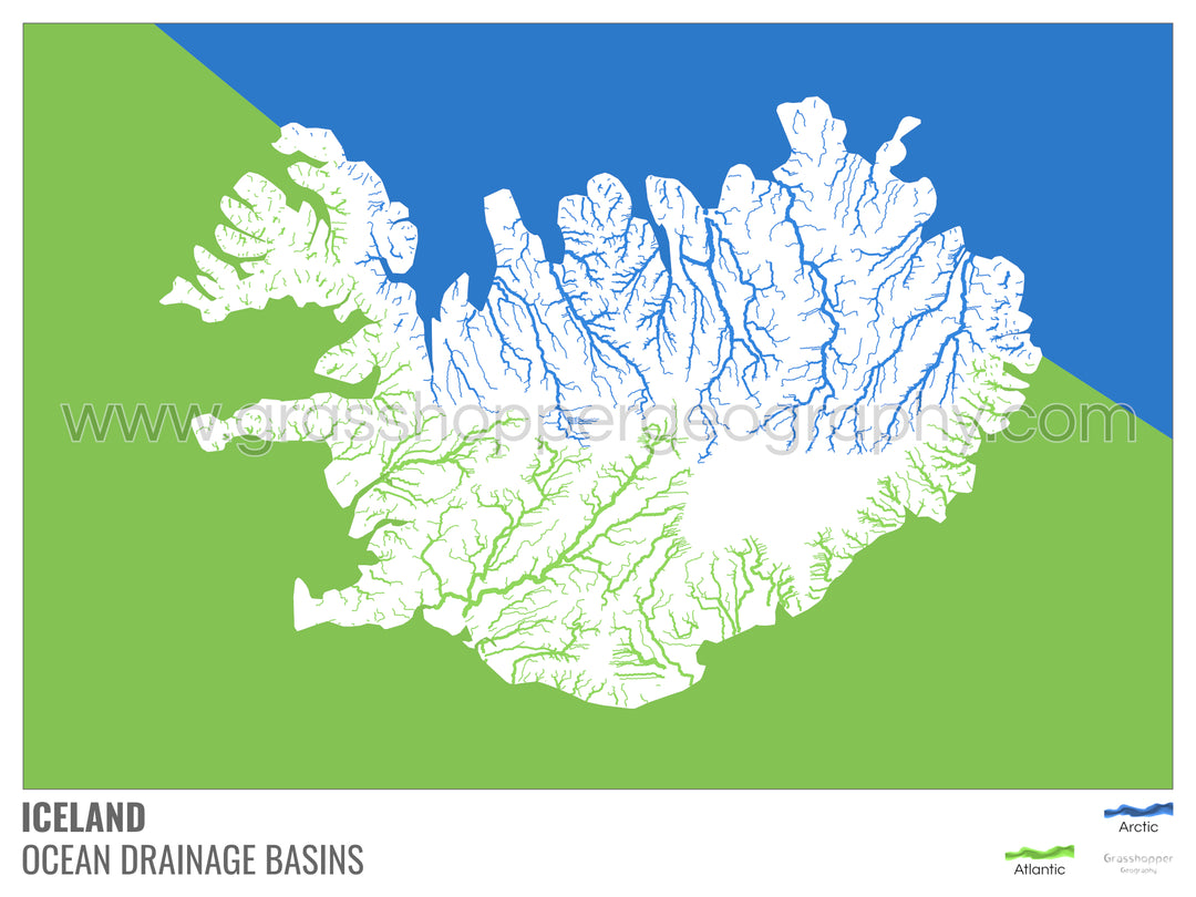 Islandia - Mapa de la cuenca hidrográfica del océano, blanco con leyenda v2 - Impresión de bellas artes