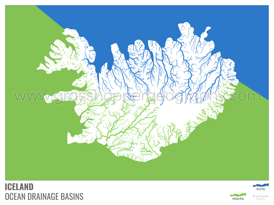 Islande - Carte des bassins hydrographiques océaniques, blanche avec légende v2 - Fine Art Print