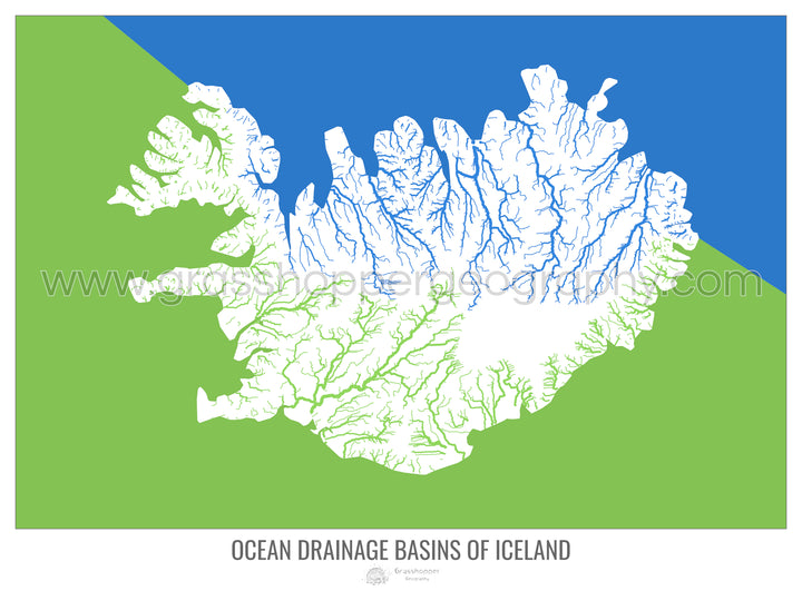 Islande - Carte des bassins hydrographiques océaniques, blanc v2 - Tirage photo artistique