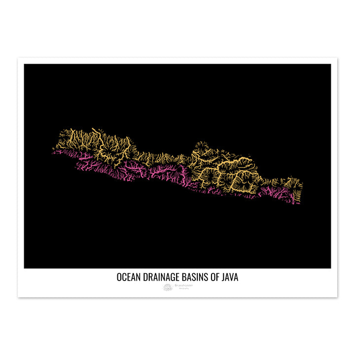 Java - Mapa de la cuenca de drenaje oceánico, negro v1 - Impresión de bellas artes