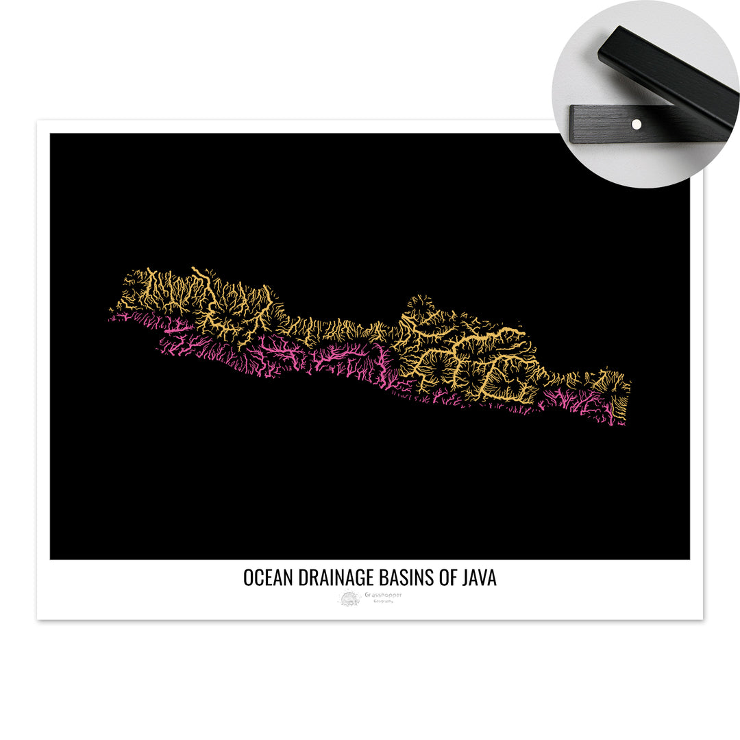Java - Mapa da bacia de drenagem oceânica, preto v1 - Impressão de belas artes com cabide
