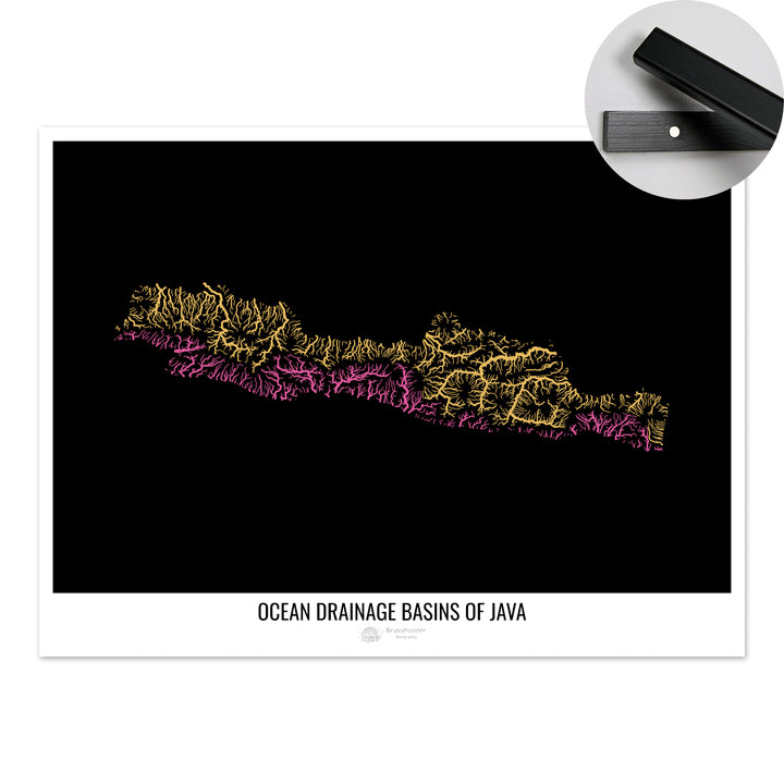 Java - Mapa da bacia de drenagem oceânica, preto v1 - Impressão de belas artes com cabide