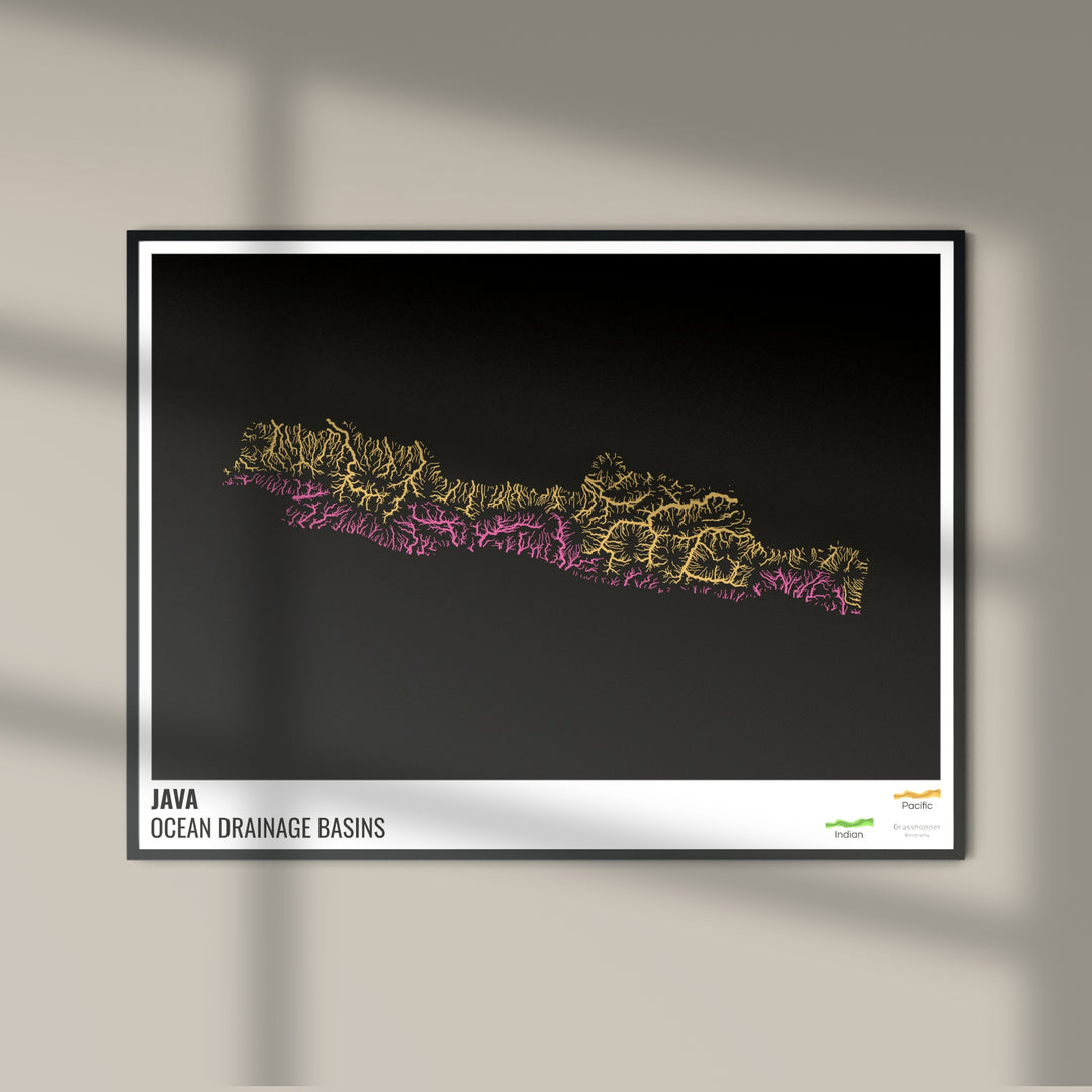 Java - Ocean drainage basin map, black with legend v1 - Photo Art Print
