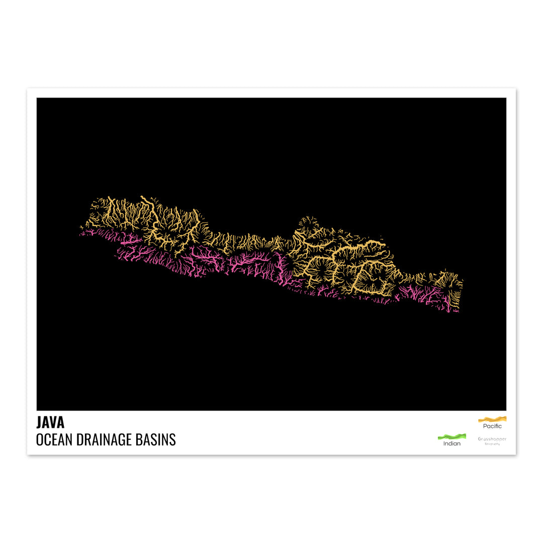 Java - Ocean drainage basin map, black with legend v1 - Photo Art Print