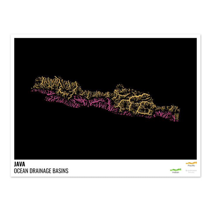 Java - Ocean drainage basin map, black with legend v1 - Photo Art Print