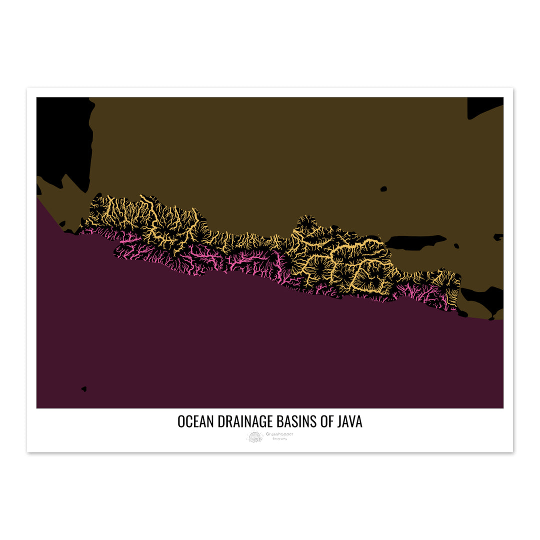 Java - Carte des bassins hydrographiques océaniques, noir v2 - Fine Art Print