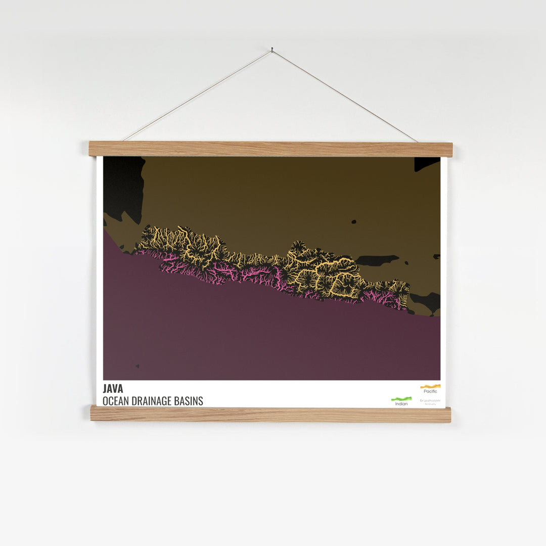 Java - Mapa da bacia de drenagem oceânica, preto com legenda v2 - Impressão de belas artes com cabide