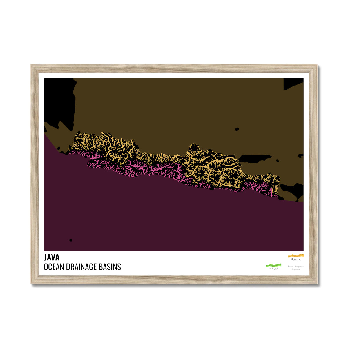 Java - Ocean drainage basin map, black with legend v2 - Framed Print ...
