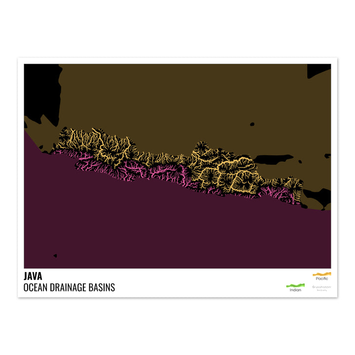 Java - Ocean drainage basin map, black with legend v2 - Fine Art Print