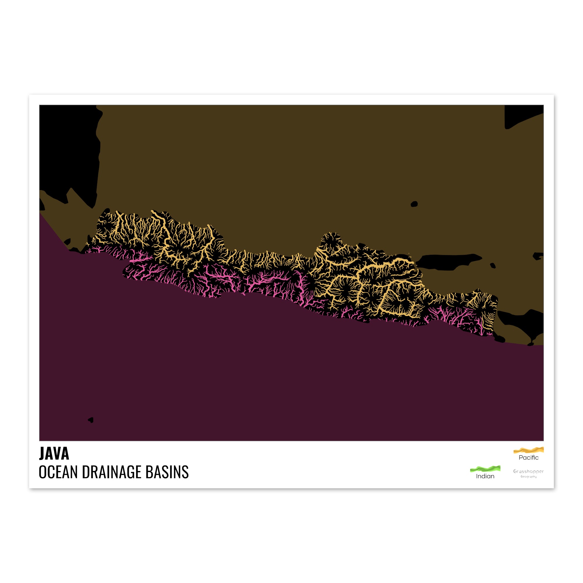 Java - Ocean drainage basin map, black with legend v2 - Photo Art Prin ...