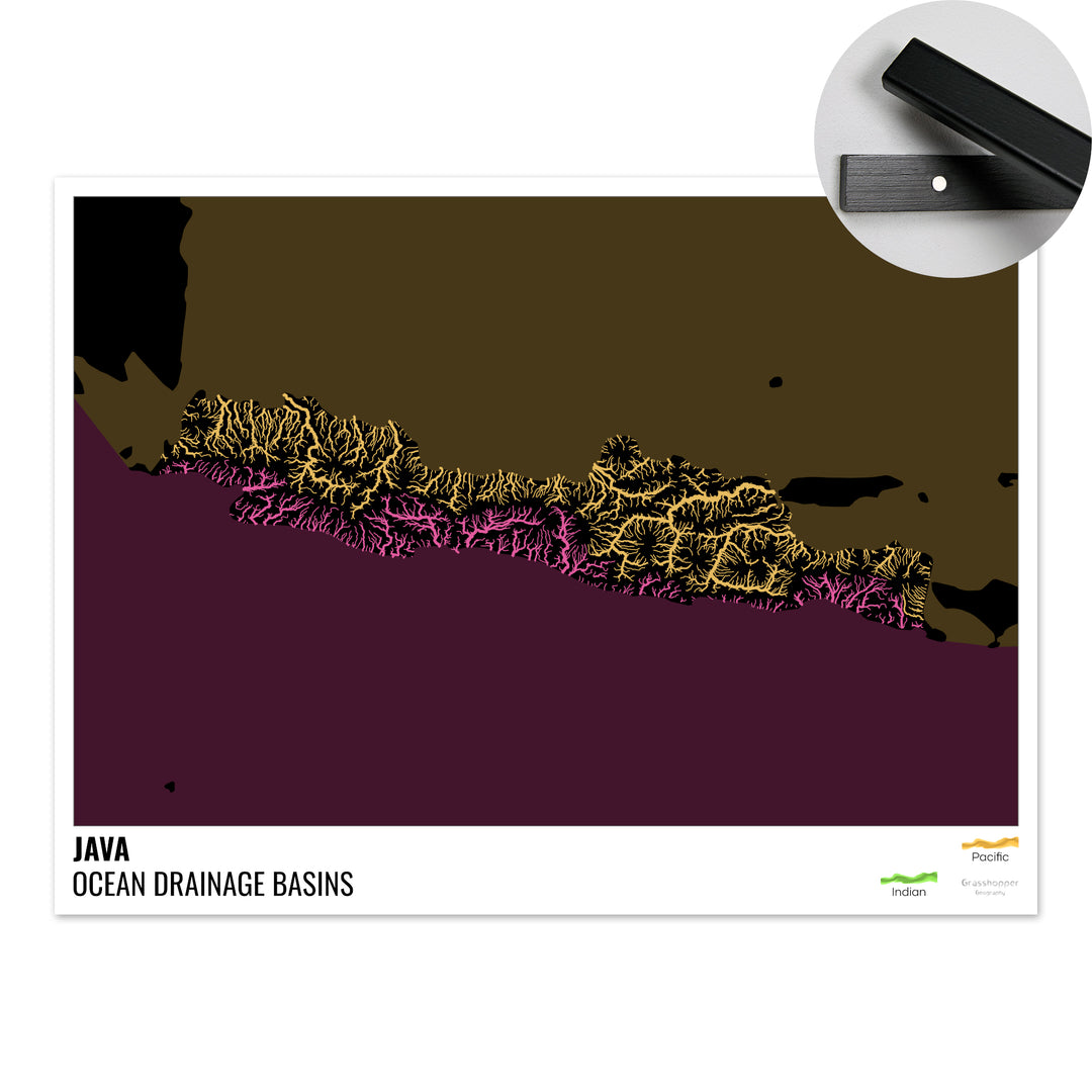 Java - Mapa da bacia de drenagem oceânica, preto com legenda v2 - Impressão de belas artes com cabide