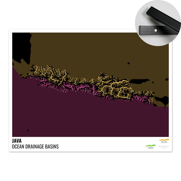 Java - Mapa da bacia de drenagem oceânica, preto com legenda v2 - Impressão de belas artes com cabide