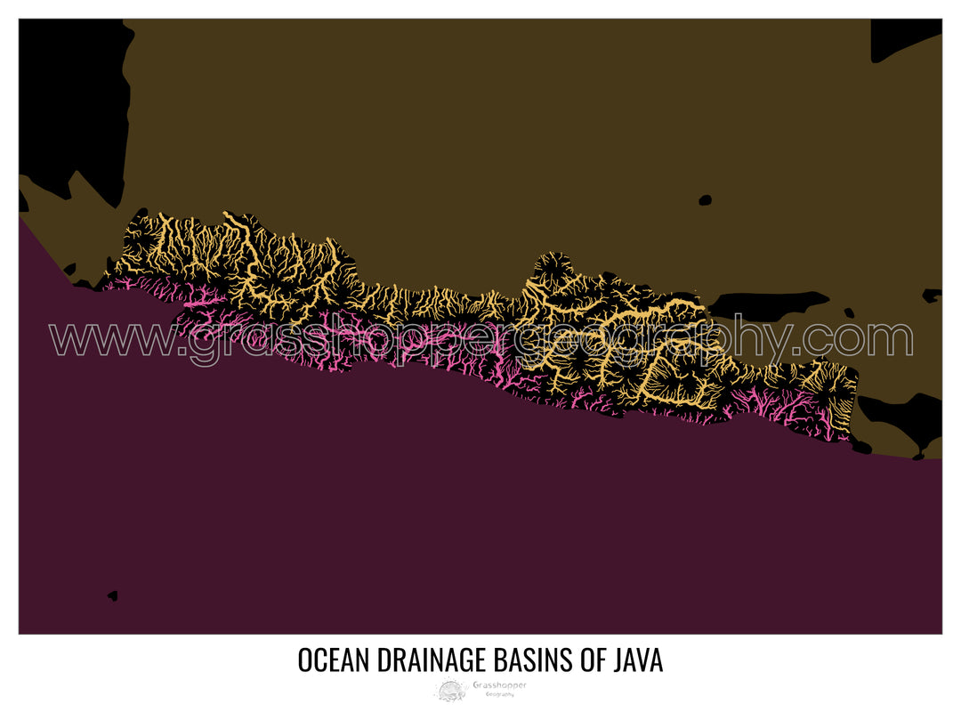 Java - Carte des bassins hydrographiques océaniques, noir v2 - Fine Art Print