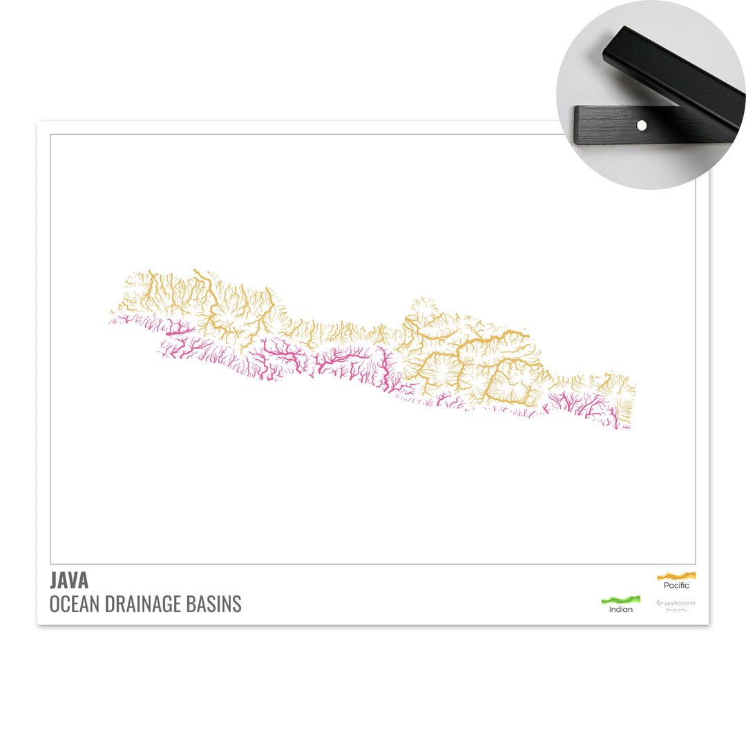 Java - Mapa de la cuenca de drenaje oceánico, blanco con leyenda v1 - Impresión artística con colgador