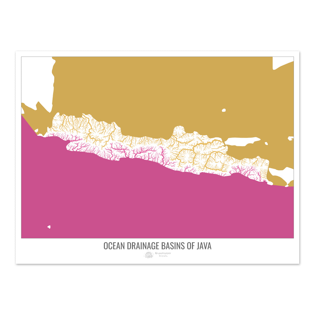 Java - Carte des bassins hydrographiques océaniques, blanc v2 - Fine Art Print