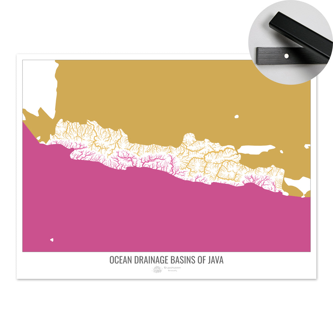 Java - Mapa de la cuenca de drenaje oceánico, blanco v2 - Impresión artística con colgador