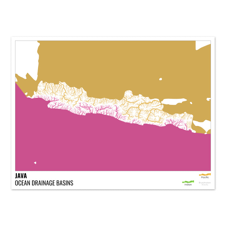 Java - Carte des bassins hydrographiques océaniques, blanche avec légende v2 - Fine Art Print