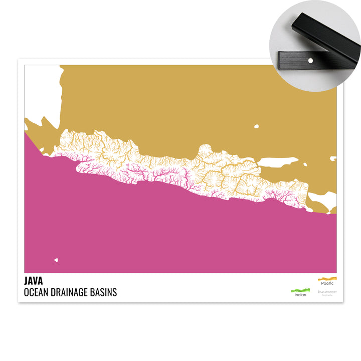Java - Carte des bassins versants océaniques, blanche avec légende v2 - Tirage d'art avec cintre