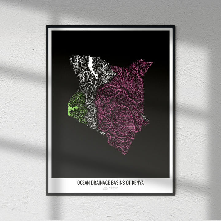 Kenya - Ocean drainage basin map, black v1 - Fine Art Print