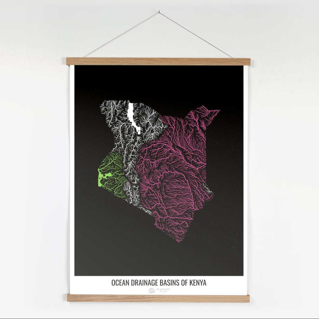 Quênia - Mapa da bacia de drenagem oceânica, preto v1 - Impressão de belas artes com cabide
