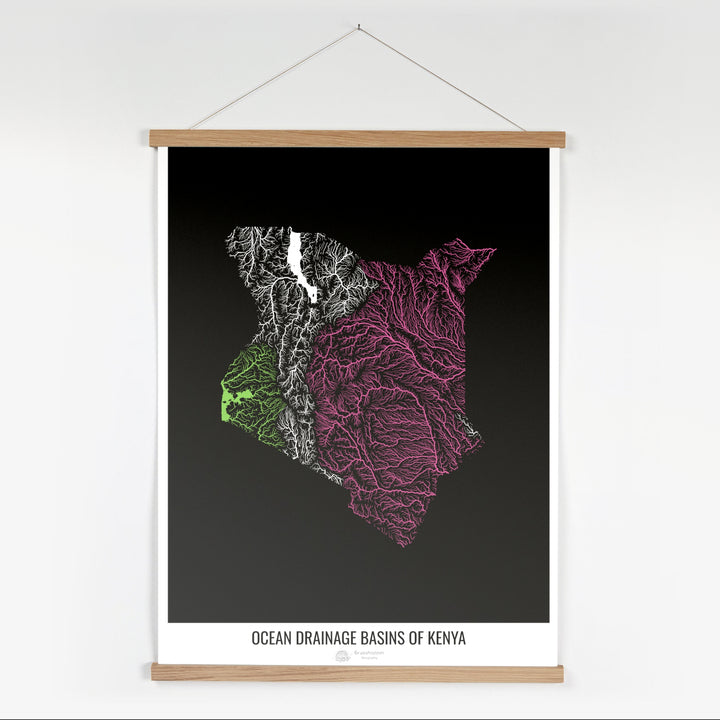 Kenia - Mapa de la cuenca hidrográfica del océano, negro v1 - Impresión artística con colgador