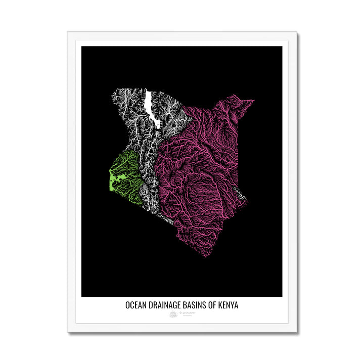 Kenya - Ocean drainage basin map, black v1 - Framed Print