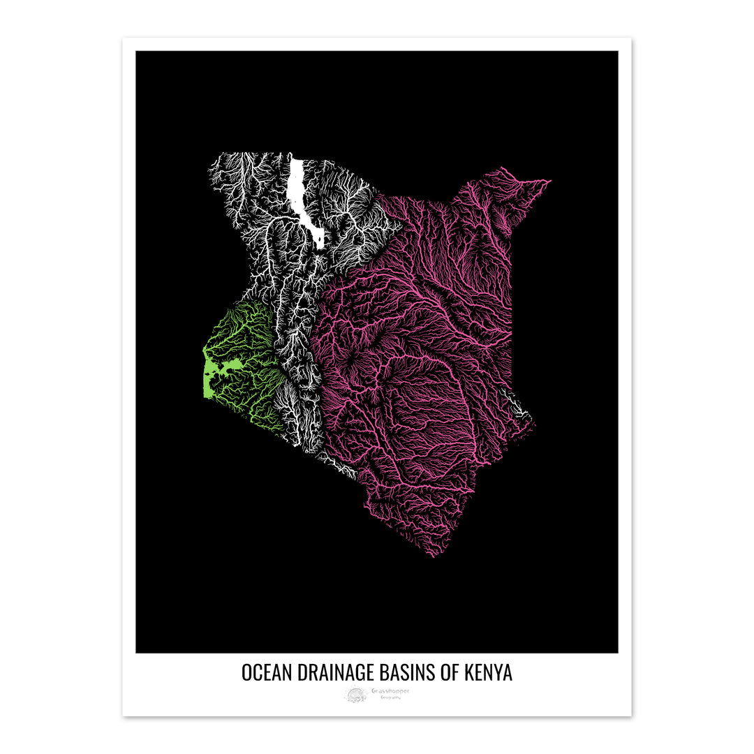 Kenya - Carte des bassins hydrographiques océaniques, noir v1 - Fine Art Print