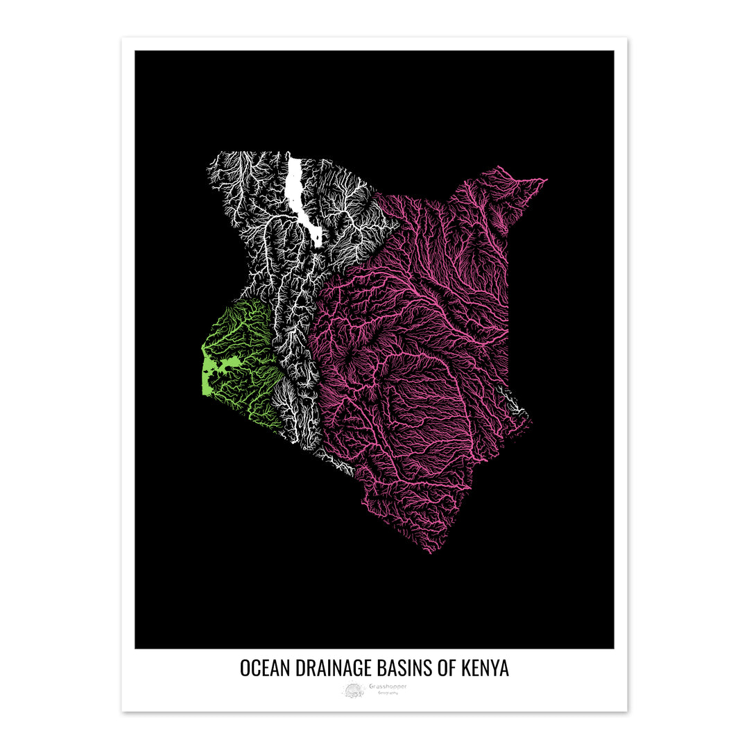 Kenia - Mapa de la cuenca hidrográfica del océano, negro v1 - Impresión fotográfica