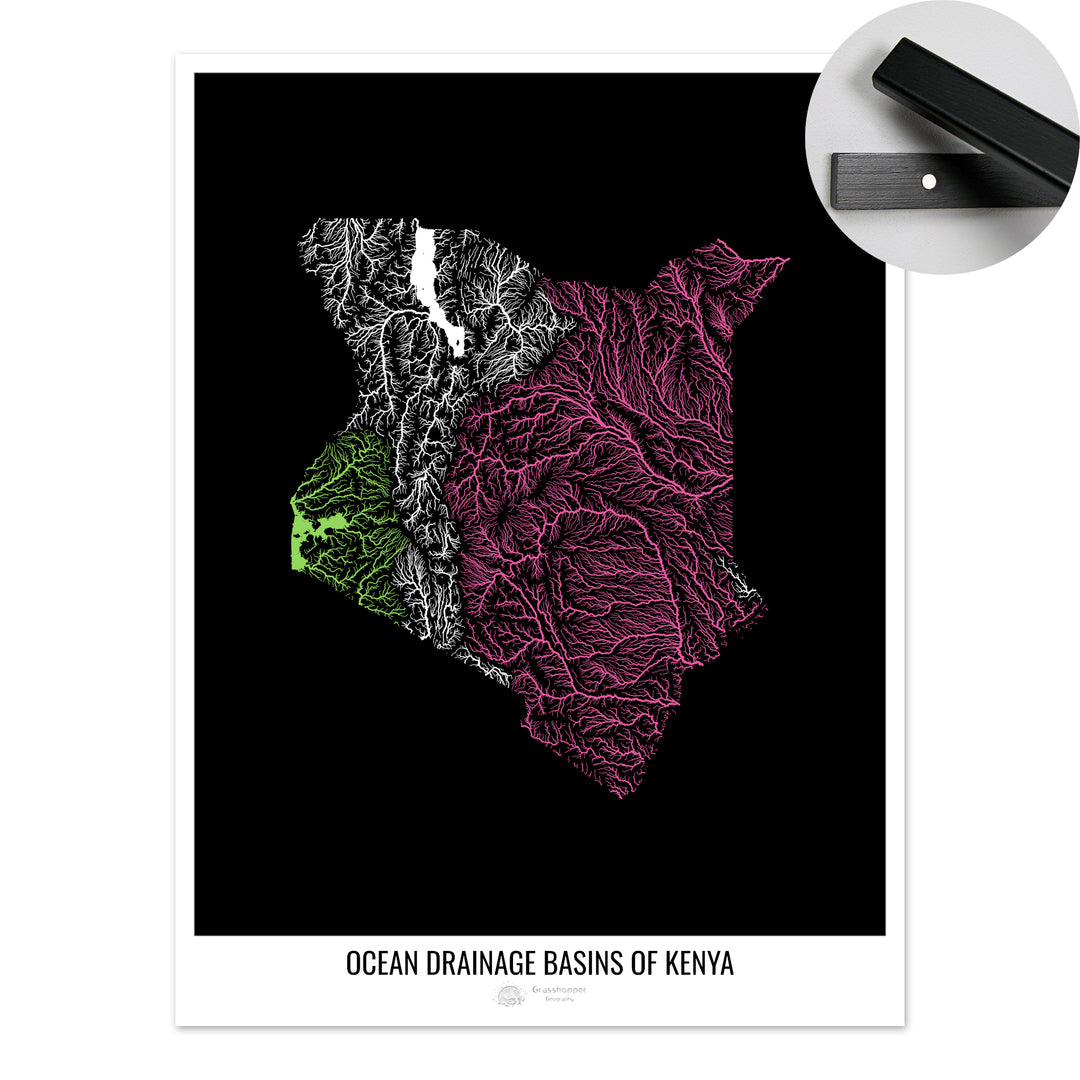 Kenia - Mapa de la cuenca hidrográfica del océano, negro v1 - Impresión artística con colgador