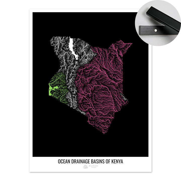 Quênia - Mapa da bacia de drenagem oceânica, preto v1 - Impressão de belas artes com cabide