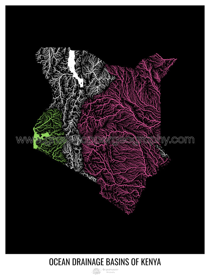 Kenia - Mapa de la cuenca hidrográfica del océano, negro v1 - Impresión de bellas artes