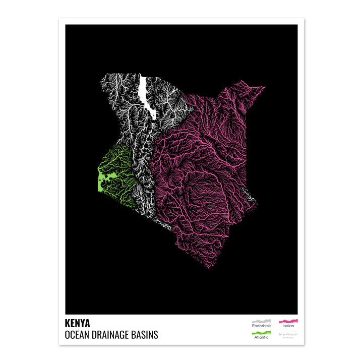 Kenia - Mapa de la cuenca hidrográfica del océano, negro con leyenda v1 - Impresión fotográfica