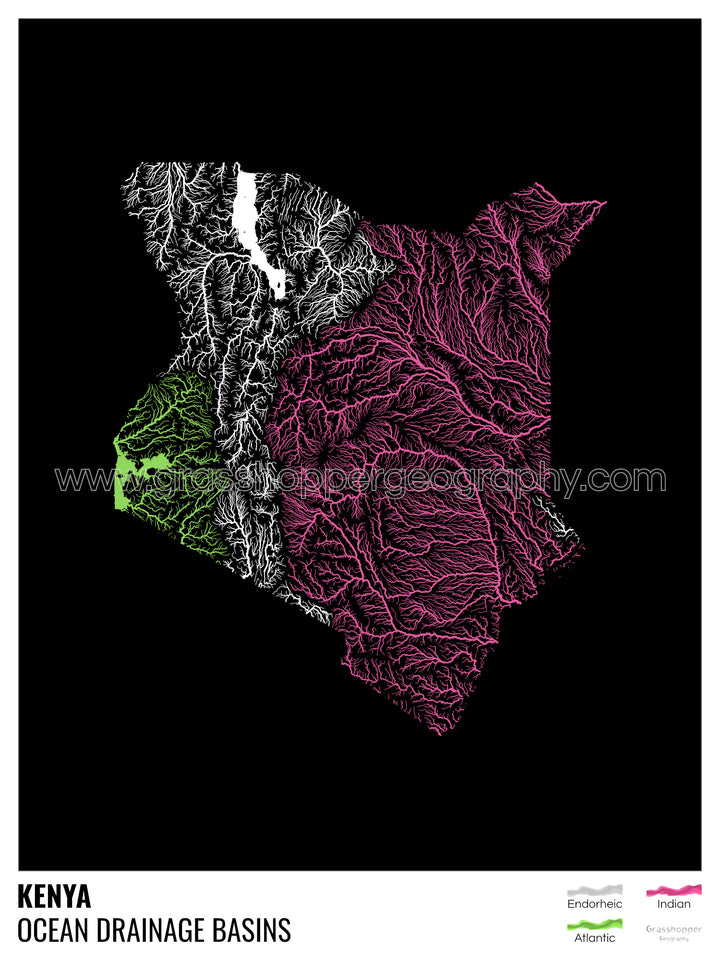 Kenia - Mapa de la cuenca hidrográfica del océano, negro con leyenda v1 - Impresión de bellas artes
