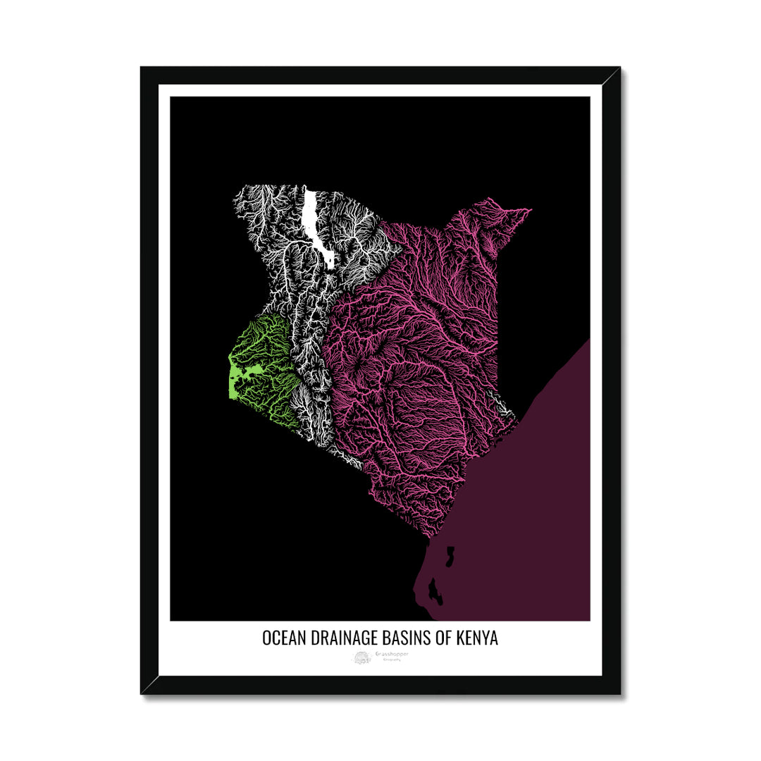 Kenya - Ocean drainage basin map, black v2 - Framed Print