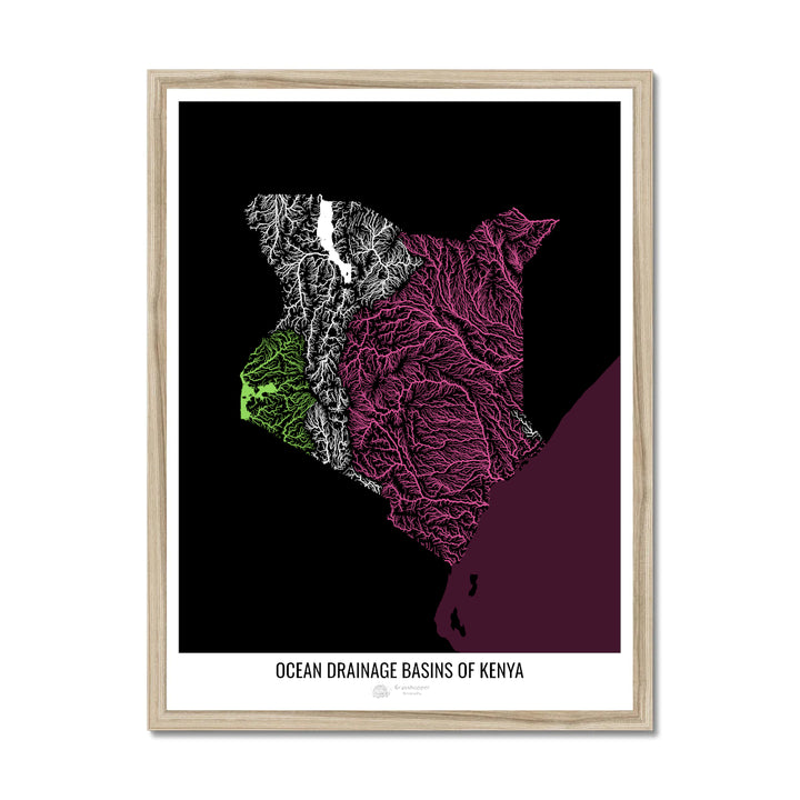 Kenya - Ocean drainage basin map, black v2 - Framed Print