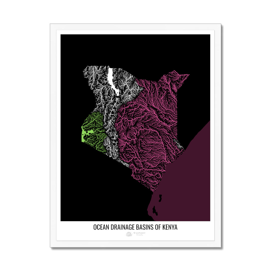 Kenia - Mapa de la cuenca de drenaje oceánico, negro v2 - Lámina enmarcada